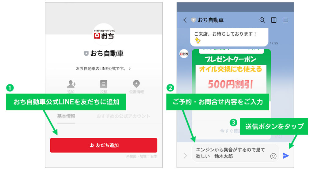 ①おち自動車公式LINEを友だちに追加　②ご予約・お問合せ内容をご入力　③送信ボタンをタップ